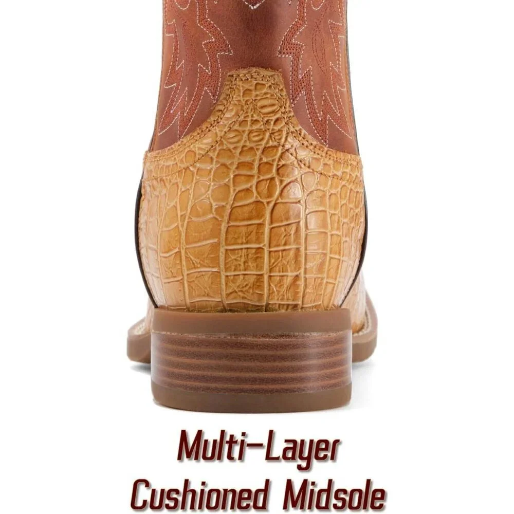 Men‘s Tan Caiman Belly Leather Cowboy Bold Crocodile Texture Square Toe Boots